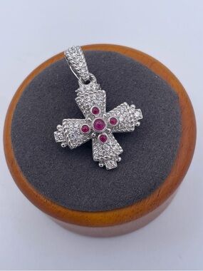 Judith Ripka Sterling Silver 925 Ruby CZ Maltese Cross Enhancer Pendant Thailand